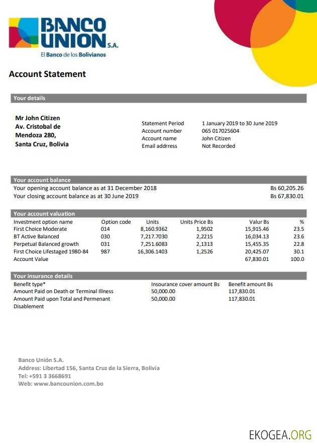 Relevé bancaire de la Bolivie Banco Union
